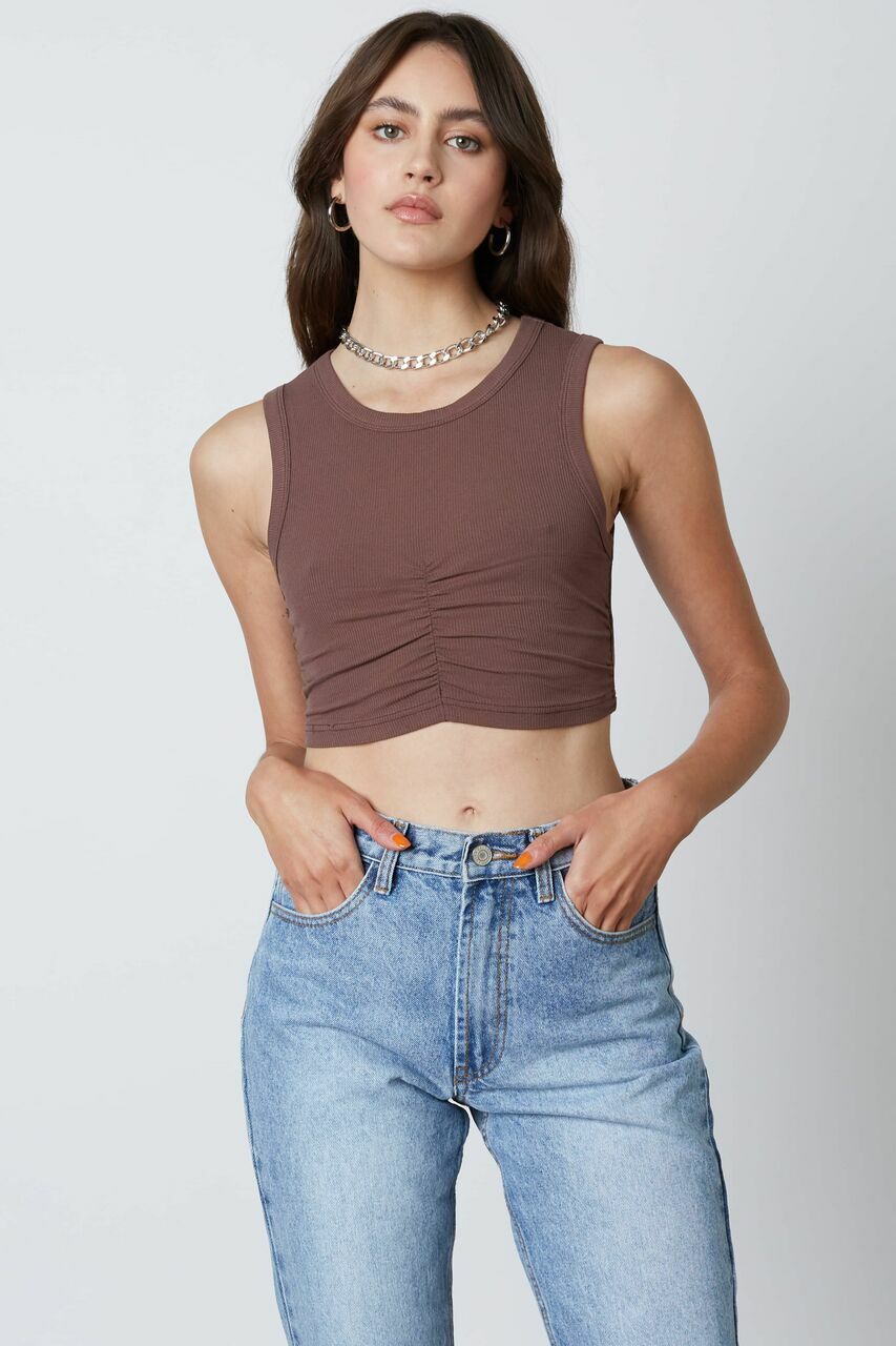 Chestnut Brown Shirred Cropped Tank Top