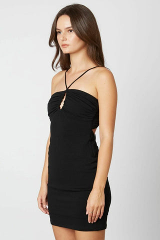 Black criss-cross halter mini dress with bodycon fit