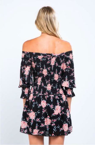Off the shoulder floral mini dress back view