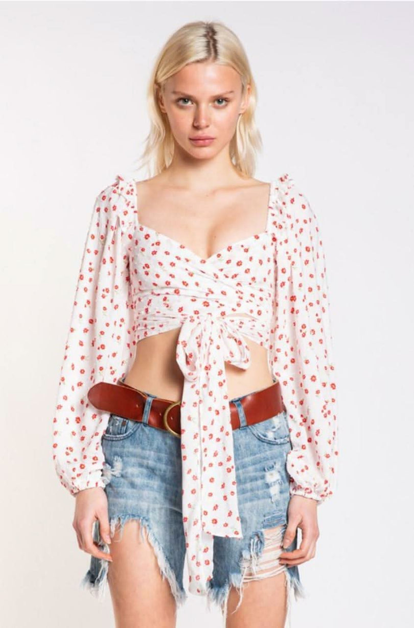 Signs Of Spring White And Red Floral Crop Top a long puff sleeve top