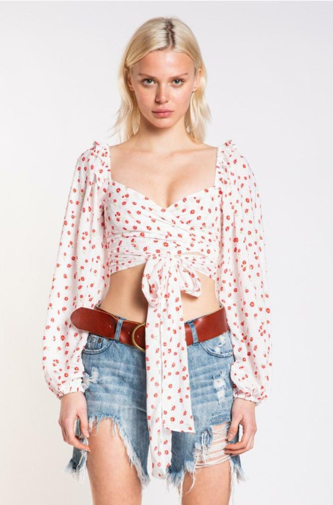 White and Red Floral Crop Top
