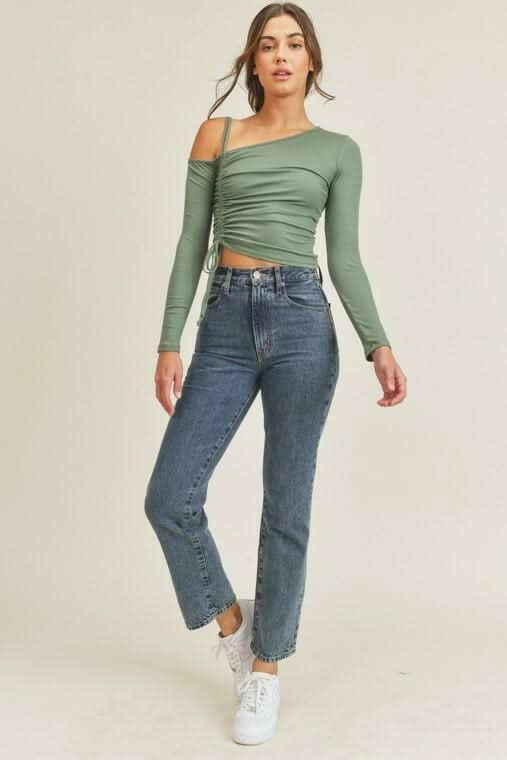 Lush Angie Olive One Shoulder Ruched Crop Top -  BohoPink