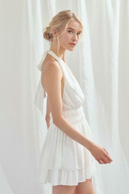 White Halter Ruffle Romper Dress