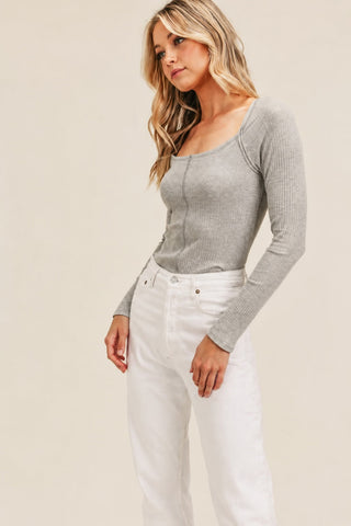 Lush Missing You Heather Grey Ribbed Long Sleeve Top - Side View 