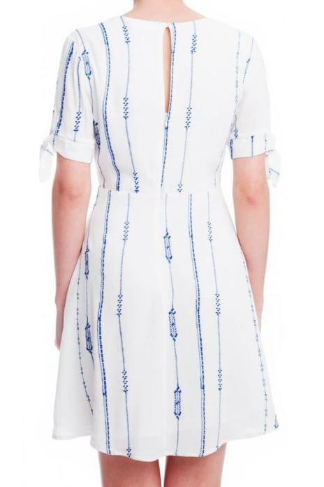 Capri White and Blue Print Tie-Sleeve Mini Dress -  BohoPink