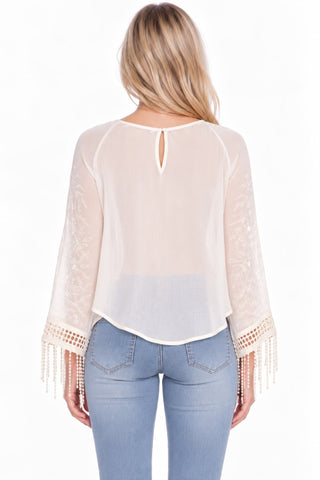 Faith and Flowers Boho Fringe Cream Top - Back View