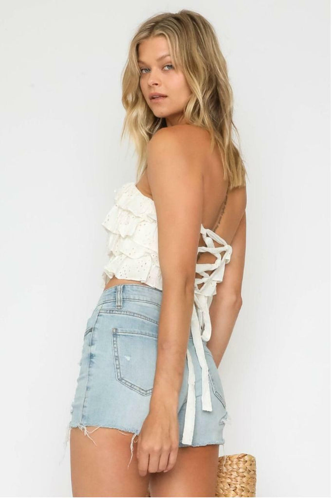 White Eyelet Lace-Up Crop Top