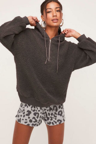 Gabriella Charcoal Grey Sherpa Hoodie style with grey leopard print shorts
