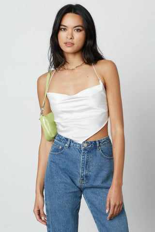 White satin halter top with cowl neckline and handkerchief hem
