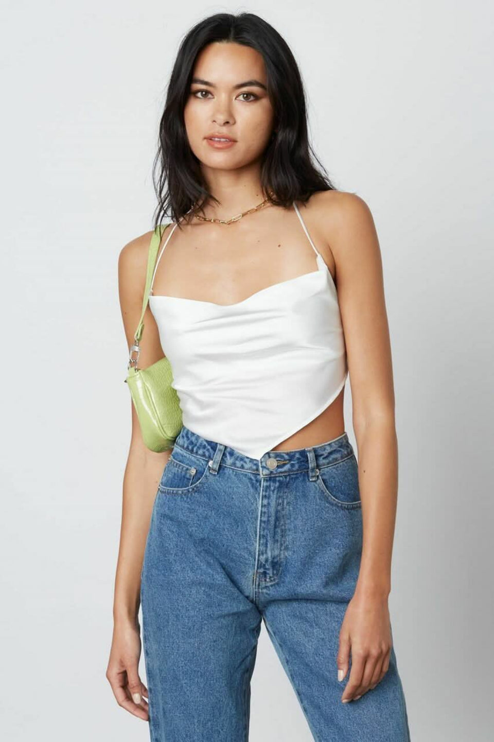 White satin halter top with cowl neckline and handkerchief hem