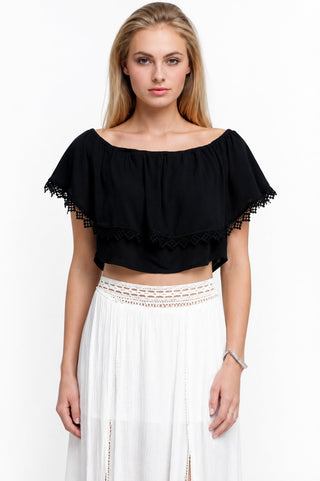 Gypsy Spell Black Off-the-Shoulder Ruffle  Crop Top - Front View