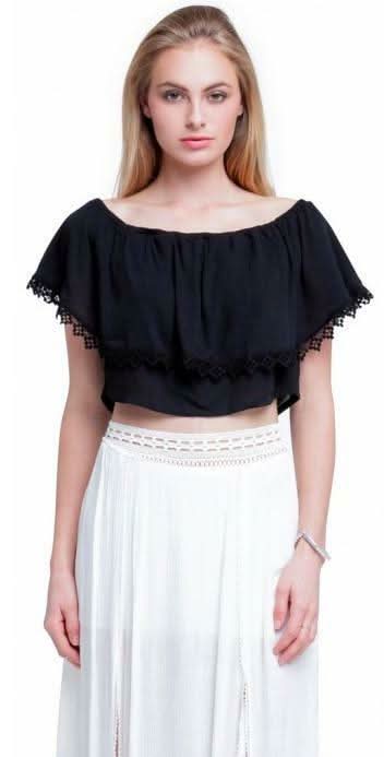 Gypsy Spell Black Off-the-Shoulder Ruffle  Crop Top -  BohoPink