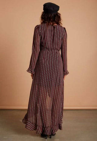 Vine Burgundy Stripe Long Sleeve Ruffle Wrap Maxi Dress - Rear View