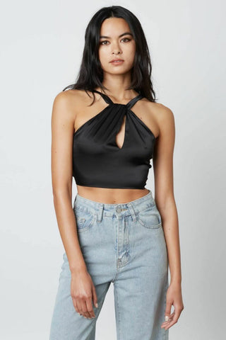 Black satin halter crop top with keyhole neckline and cropped fit