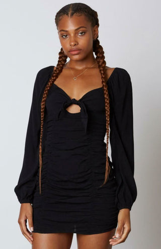 Black bodycon mini dress with puff sleeves