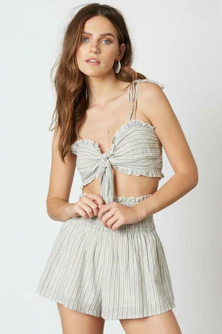 Blue striped crop top with smocked shorts