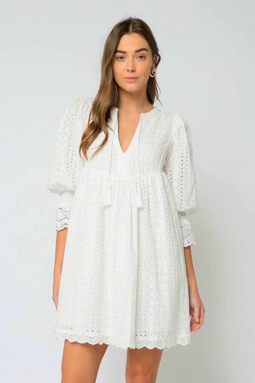 White Eyelet Dress - Puff Sleeve Shift Dress | Boho Pink White Eyelet Dress - Puff Sleeve Shift Dress | Boho Pink