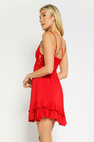 Ava Red Crochet Lace Mini Dress - Back Angle View