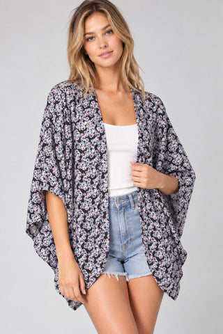 Julie Black Floral Print Kimono - Front View