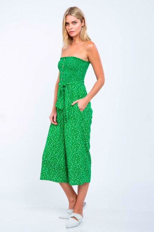 Green Floral Print Strapless Jumpsuit