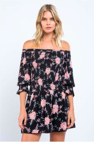 Pink and black floral off the shoulder mini dress front view