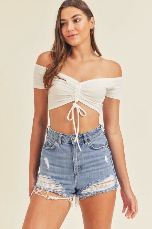Bailey White Drawstring Off-the-Shoulder Crop Top -  BohoPink