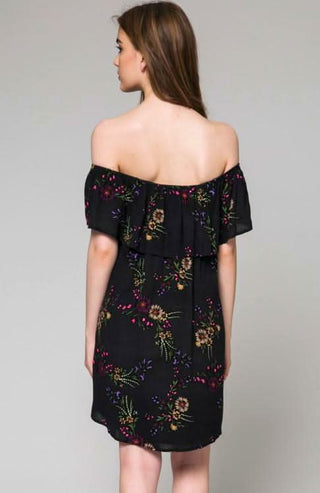 Back view of off-the-shoulder floral mini dress with ruffle overlay | Boho Pink