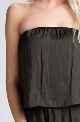 Gaea Olive Green Satin Strapless Romper detail view
