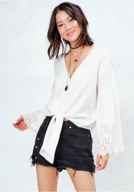 White Eyelet Tie-Front Top