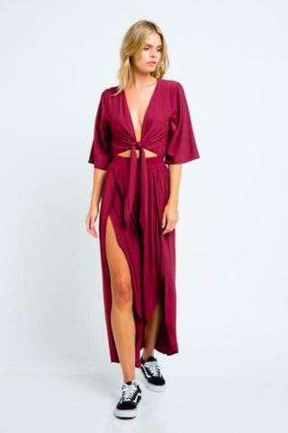 Frankie Burgundy Front Tie Jumpsuit outfit view
