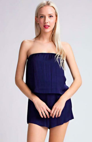 Gaea Navy Satin Strapless Romper front