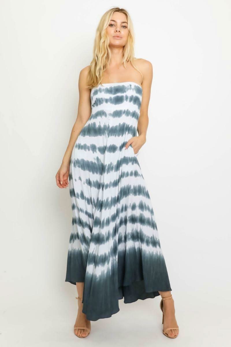 Grey & White Tie-Dye Strapless Maxi Dress | Boho Pink Grey & White Tie-Dye Strapless Maxi Dress | Boho Pink