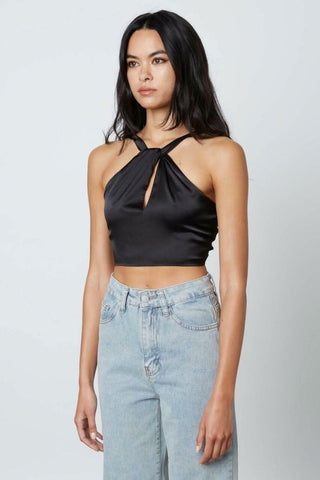 Black satin halter top with cropped silhouette and satin finish
