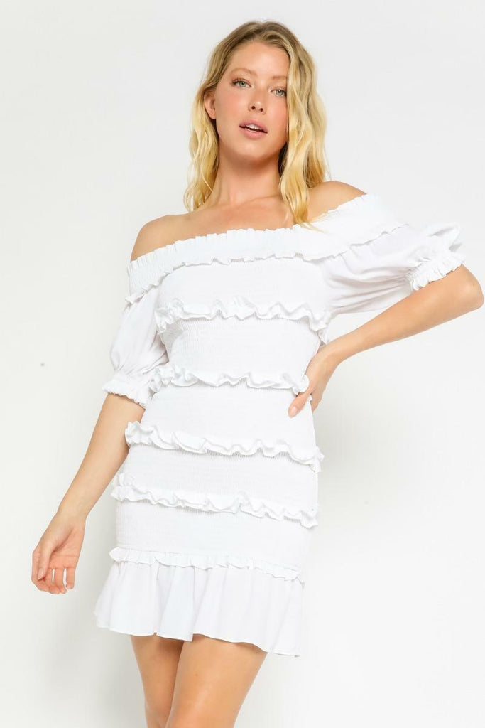 White Off-the-Shoulder Smocked Mini Dress