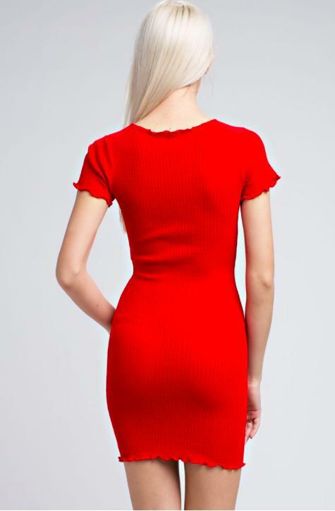 Jenna Red Knit Lettuce Hem Dress -  BohoPink