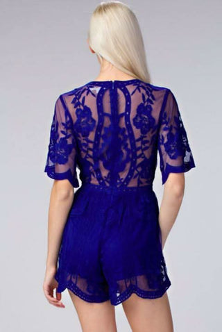 Endless Lace Royal Blue Deep V Romper -  Back View