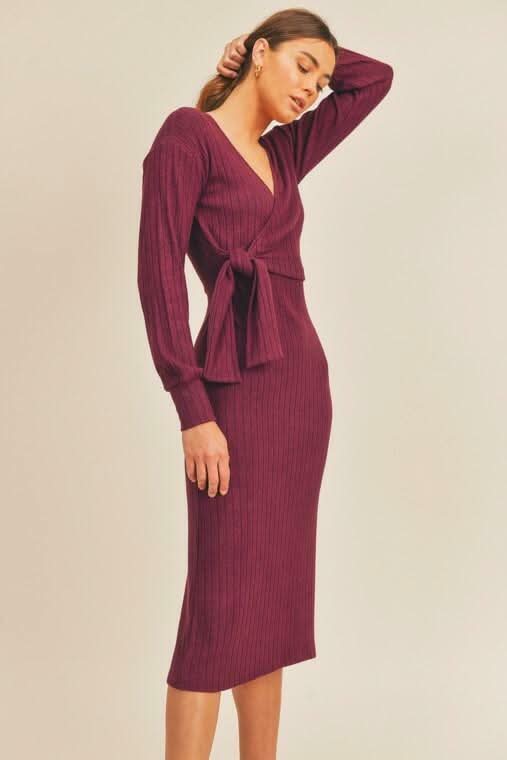 Red Ribbed Knit Midi Dress