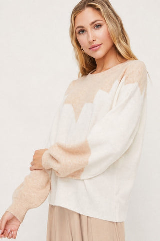 Just in Time Ivory and Blush Colorblock Crew Neck Sweater - Side View