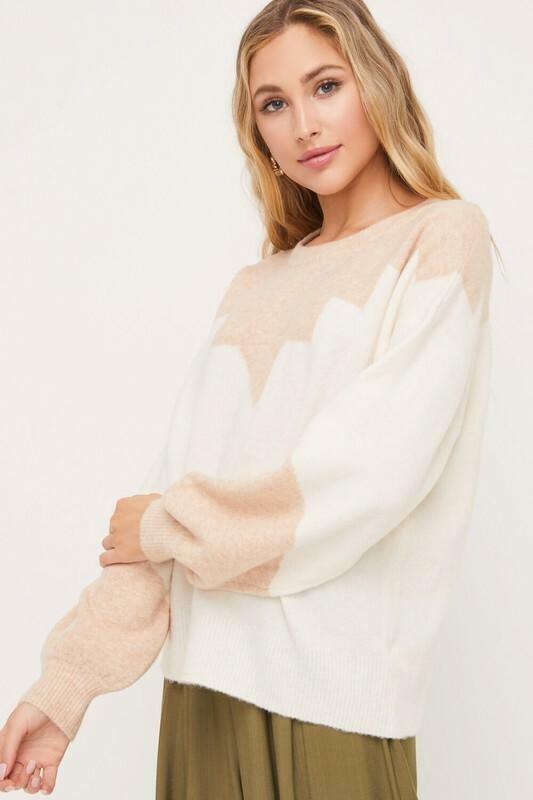 Just in Time Ivory and Blush Colorblock Crew Neck Sweater -  BohoPink