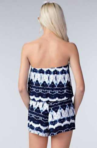 navy and white tie-dye strapless romper back view