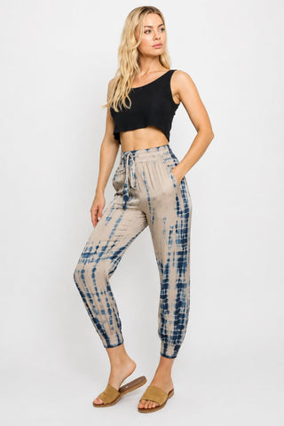 Good Vibes Nude and Navy Blue Tie-Dye Jogger Pants - Side View