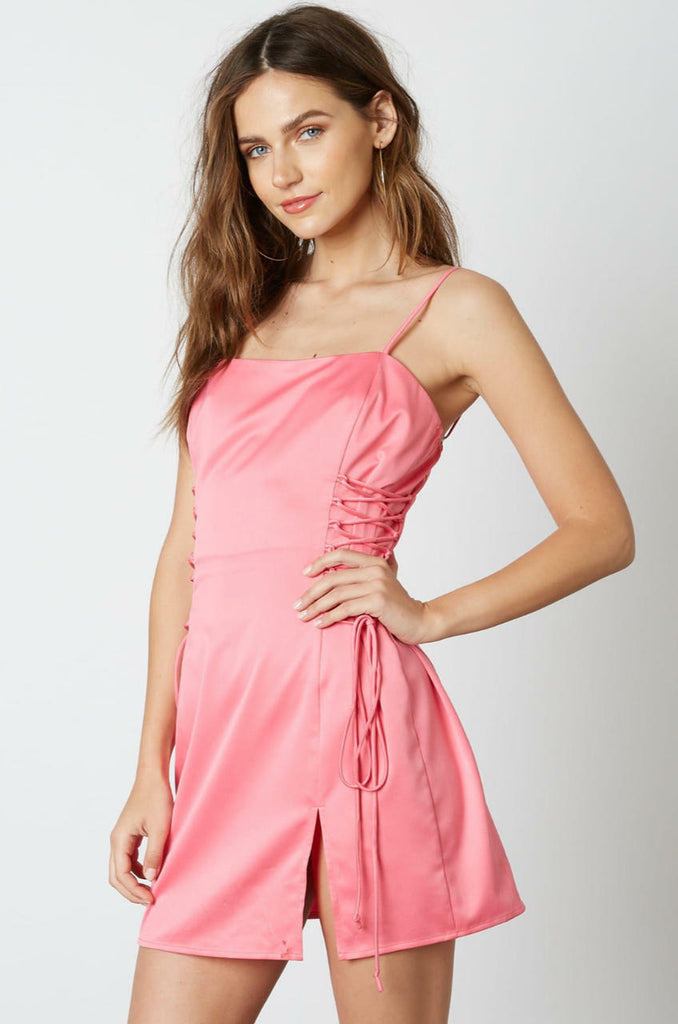 Pink Satin Lace-Up Mini Dress