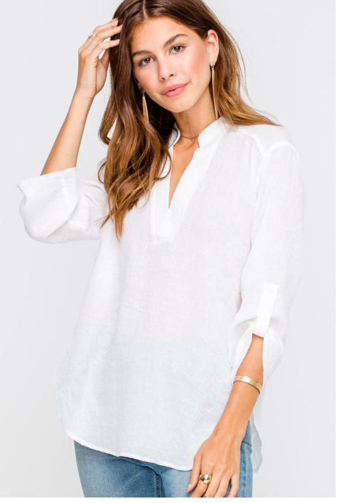 Just In Time White Roll Tab Sleeve Top -  BohoPink