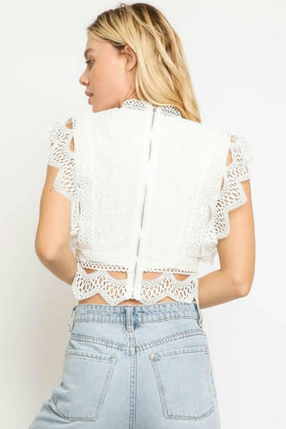 Celine White Lace Mock Neck Crop Top - Back View