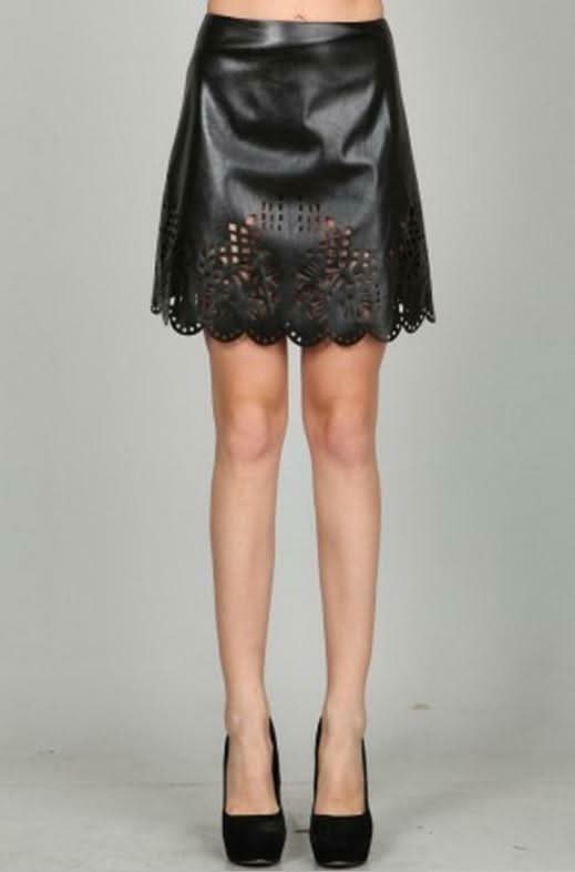 Ark & Co Party On Black Vegan Leather Laser Cut Skirt - Front View