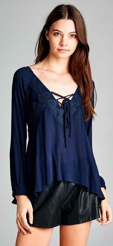 Love Yourself Navy Lace-Up Blouse -  BohoPink