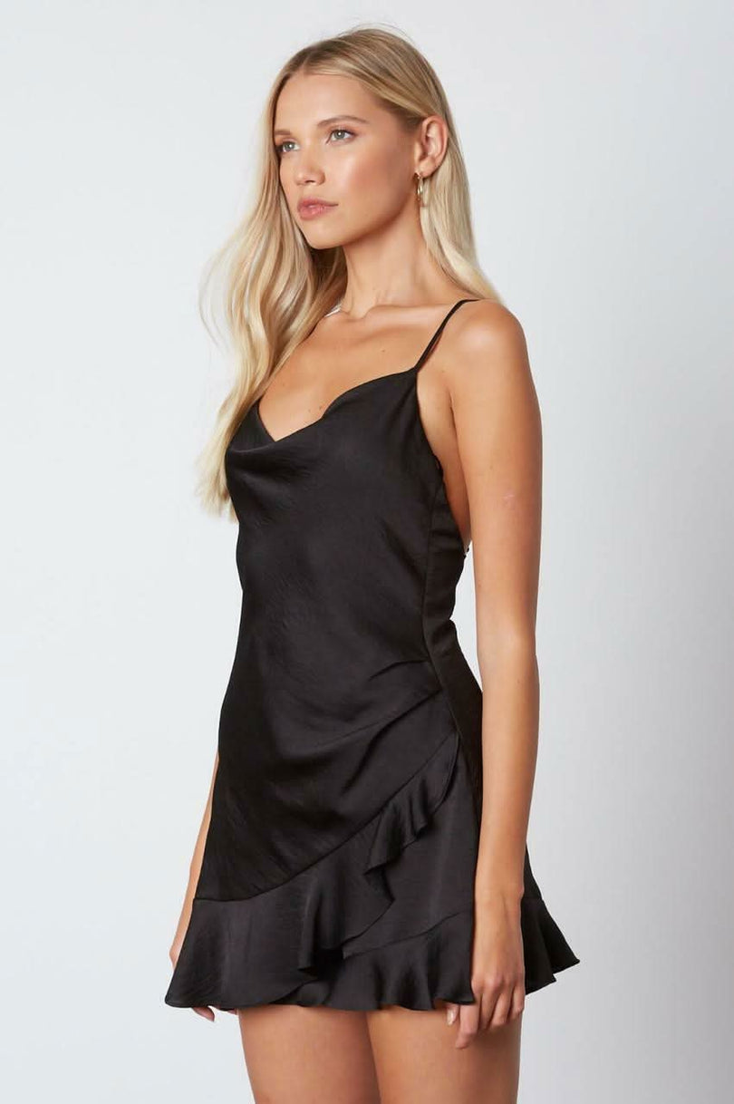 Cassidy Black Satin Wrap Skort Dress -  BohoPink