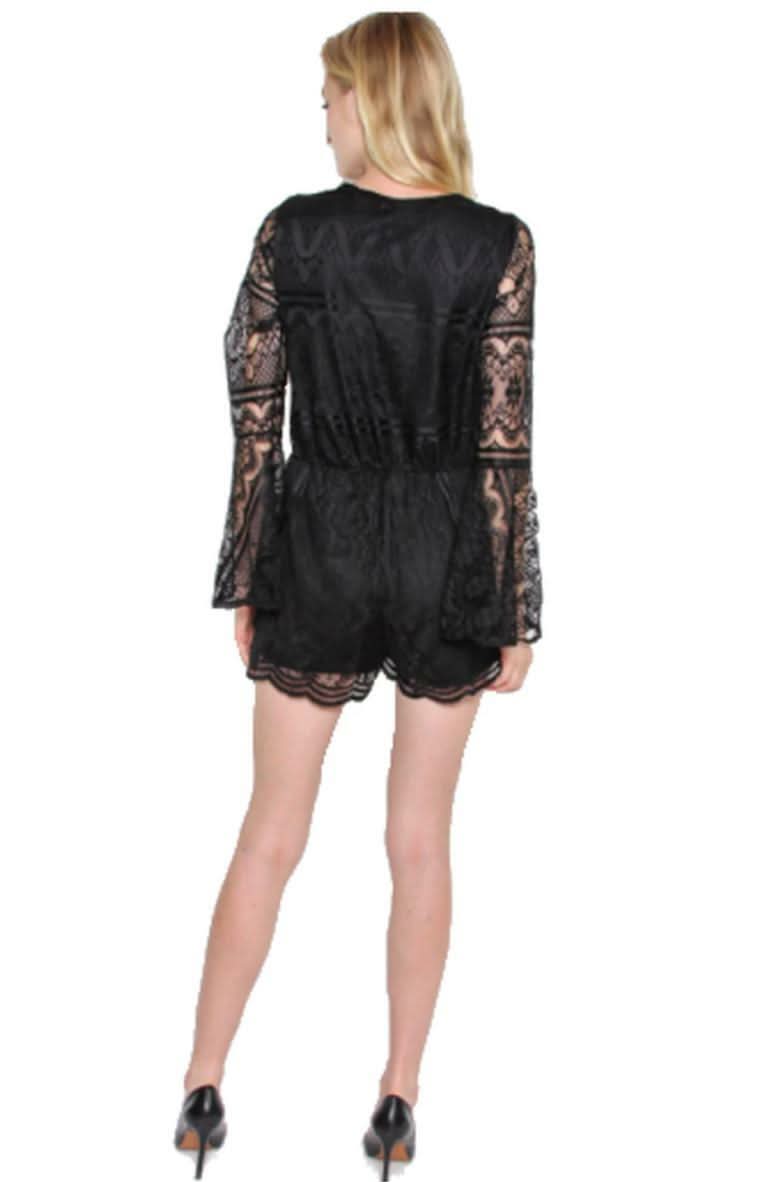 Danielle Black Lace Bell Sleeve Romper -  BohoPink