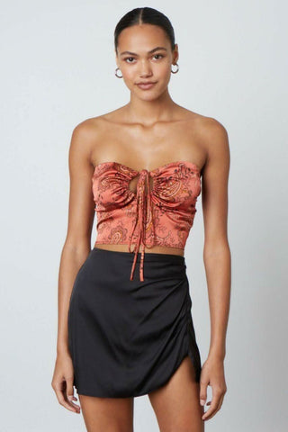 Terra cotta paisley satin halter crop top