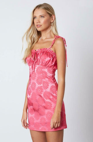 Pink satin floral mini dress side view